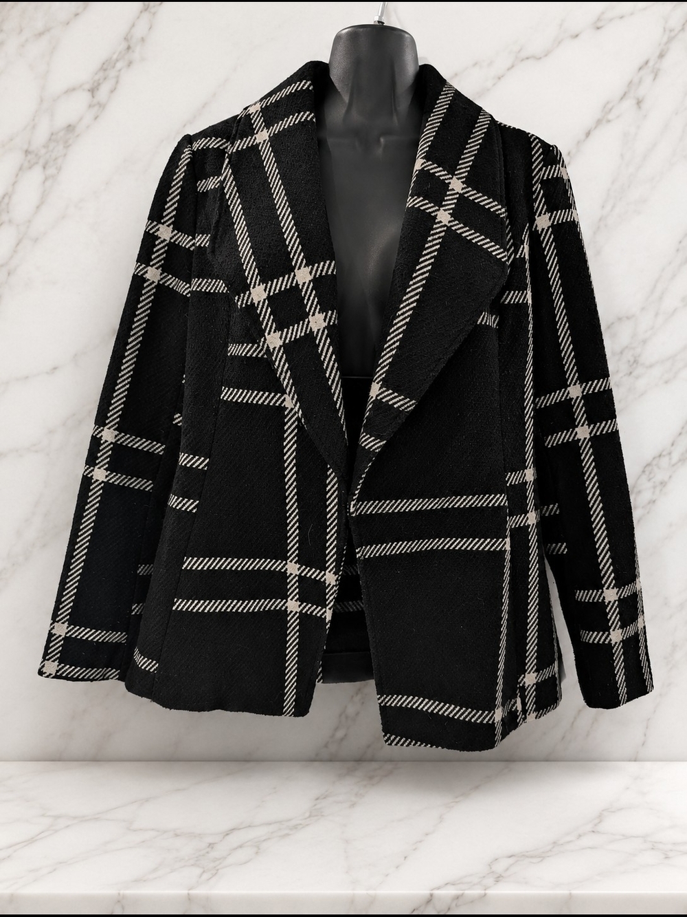 WHBM White House Black Market Black White Plaid Open Front Jacket Size 4